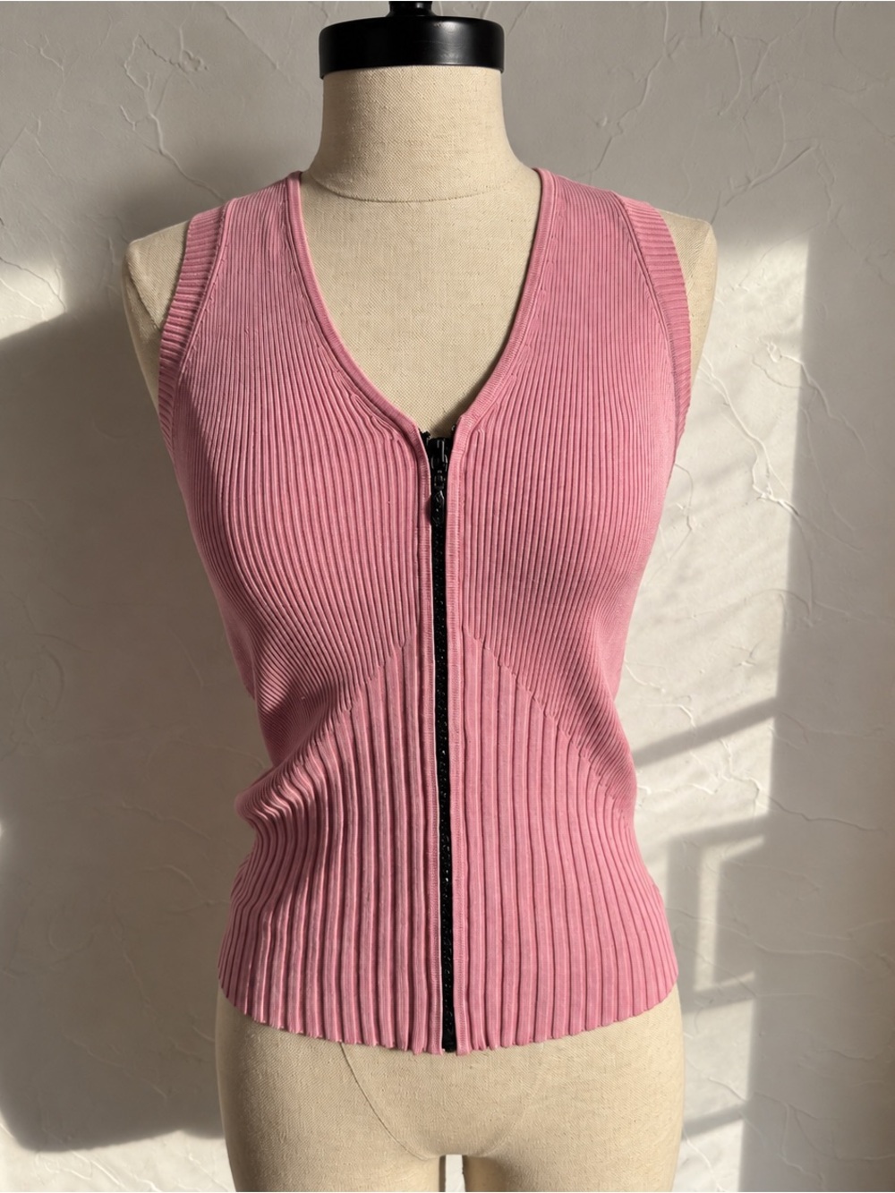 Vintage Y2K Cache Pink Silk Zip Up Vest Top Ribbed Fitted Tank